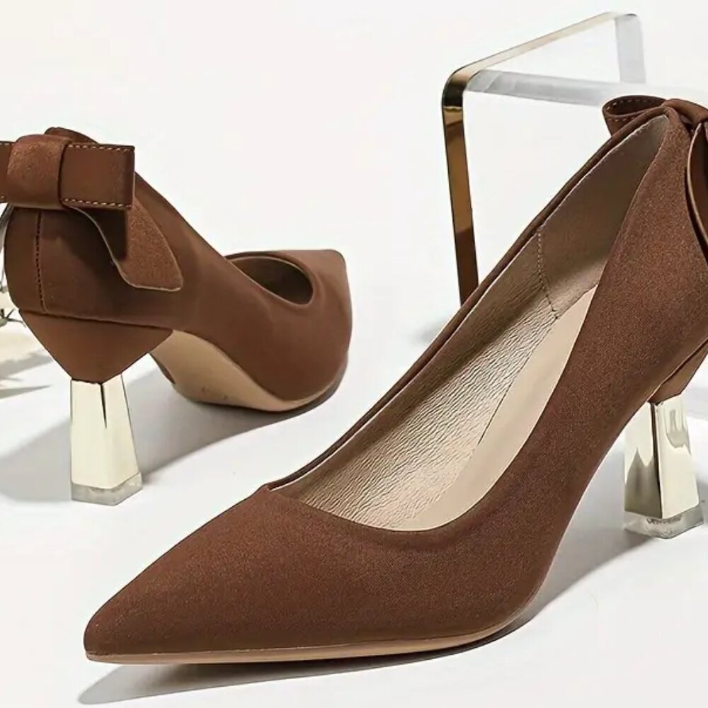 Women Kitten Heel Pointed Toe Dress Shoes with Golden Heels and Bow EU42=US 10.5
